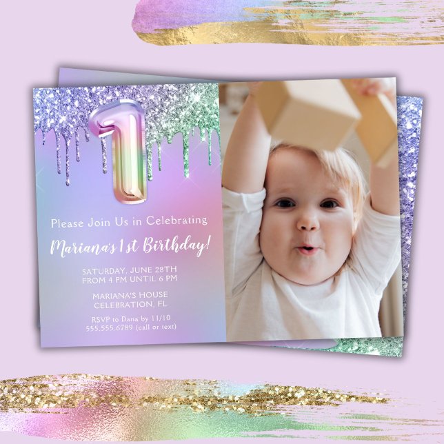 Foto Lila Rosa Glitter 1-års Födelsedagsfest Inbjudningar (Skapare uppladdad)