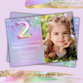 Foto Lila Rosa Glitter 2-års Födelsedagsfest Inbjudningar