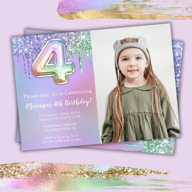Foto lila rosa glitter 4-års födelsedagsfest inbjudningar (Skapare uppladdad)