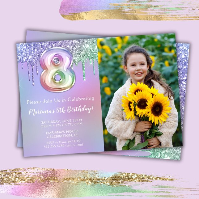 Foto Lila Rosa Glitter 8-års Födelsedagsfest Inbjudningar (Skapare uppladdad)