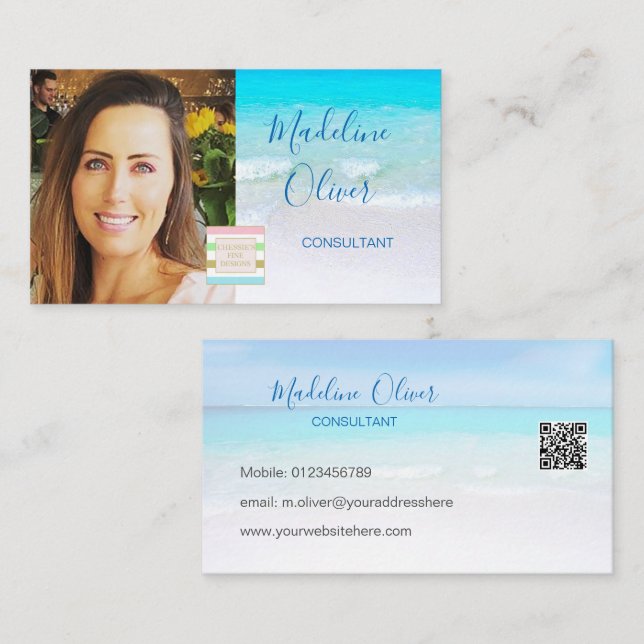 Foto Logotyp QR kod Ocean Beach Sea Travel Blue Visitkort (Fram/baksida)