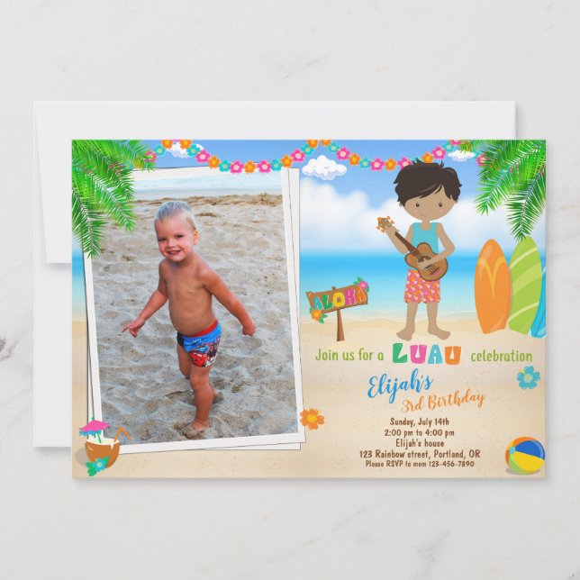 Foto Luau-födelsedagsinbjudan Tropical-strandpojke Inbjudningar (Framsida)