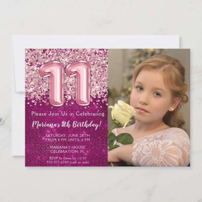 Foto Magenta Rosa Glitter 11-årsdag  Inbjudningar (Framsida)