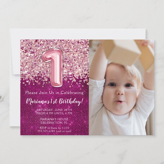 Foto Magenta Rosa Glitter 1-årsdag Inbjudningar (Framsida)