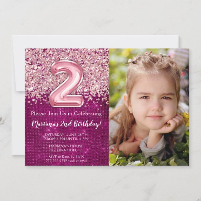 Foto Magenta Rosa Glitter 2-års Födelsedag Inbjudningar (Framsida)