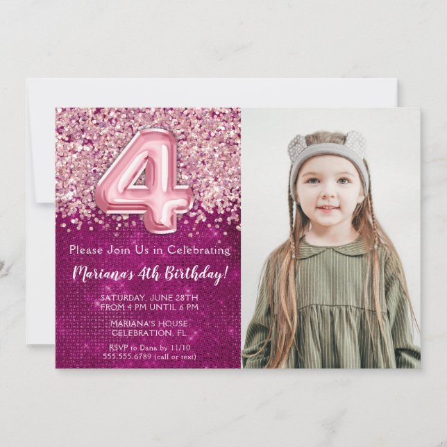Foto Magenta Rosa Glitter 4-årsdag Inbjudningar (Framsida)