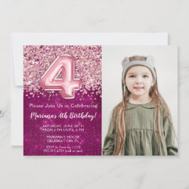 Foto Magenta Rosa Glitter 4-årsdag Inbjudningar