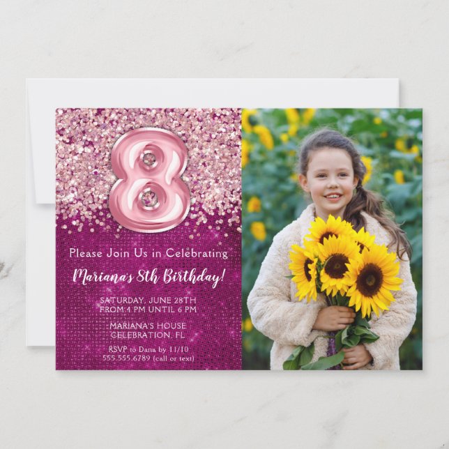 Foto Magenta Rosa Glitter 8-årsdag Inbjudningar (Framsida)