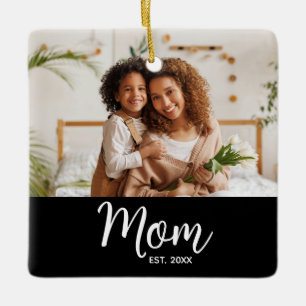 Foto Mamma Grundad Datum Vit Skrift på Svart Julgransprydnad Keramik