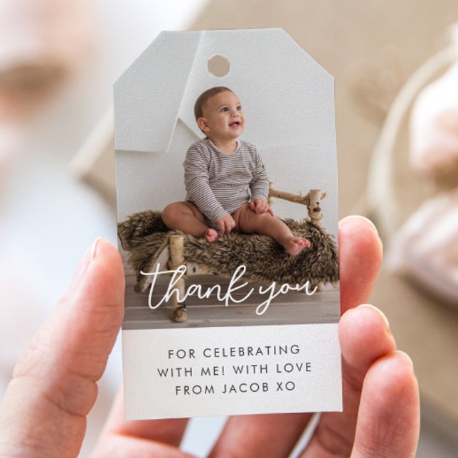 Foto manus pojke tack presentkort presentetikett (Zazzle Photo Script Thank You Gift Tags)