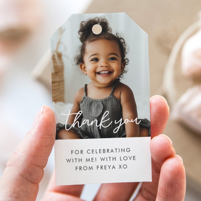 Foto manusflicka tack-gåva etiketter (Zazzle Photo Script Girl Thank You Gift Tags)