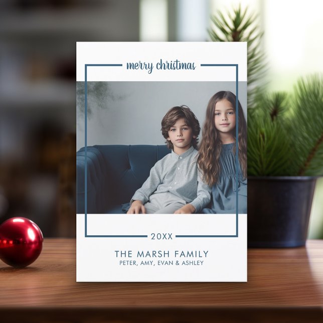 Foto med blått God jul med minimal Gräns Julkort (Online Christmas Card - Print and Download Options)