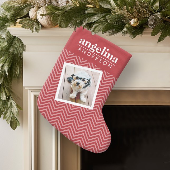 Foto med Chevron Mönster och eget namn Liten Julstrumpa (Personalized Christmas Stocking)