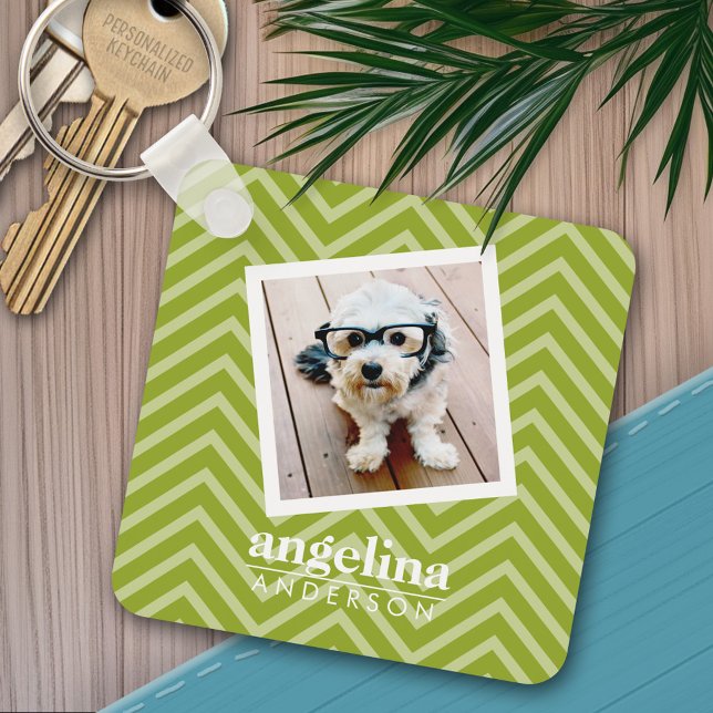 Foto med Chevron Mönster och eget namn Nyckelring (Personalized keychain - add a photo and name)