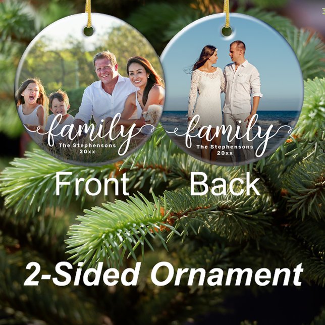 Foto med Dubblan Sided Elegant-skript i familjen Julgransprydnad Keramik (double sided annual family photo christmas ornament)