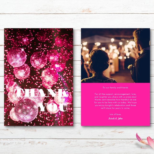 Foto med fet Chic Shock rosa Retro Disco Boll Tack Kort (Front and Back)