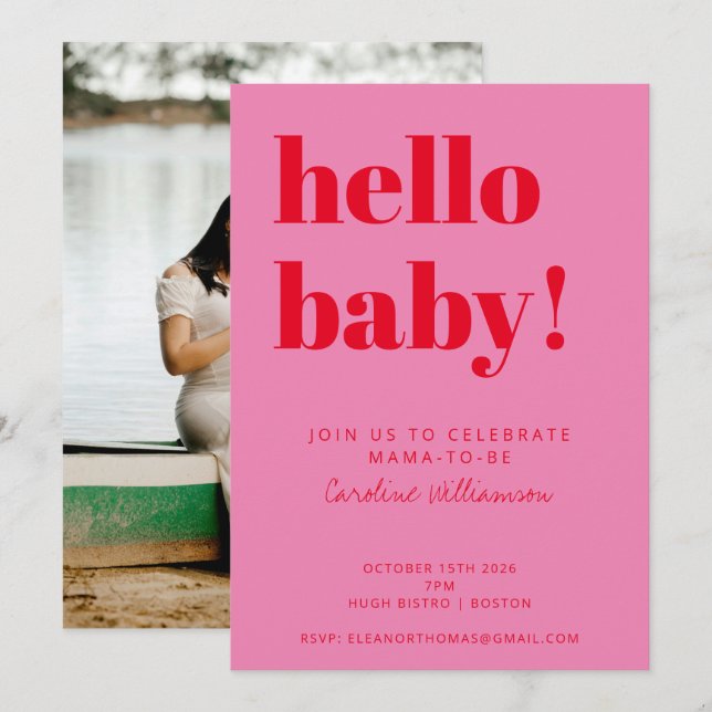 Foto med fetstil, Rosa Red Modern Baby Shower Inbjudningar (Fram/baksida)