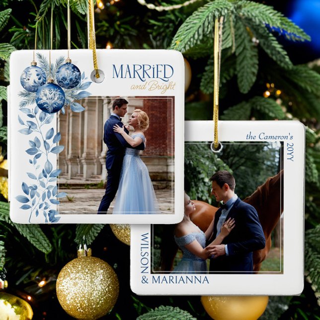 Foto med gift och ljus 2 kvadratmeter Bröllop Julgransprydnad Keramik (Married and Bright wedding photo christmas ornament by Darling & May)