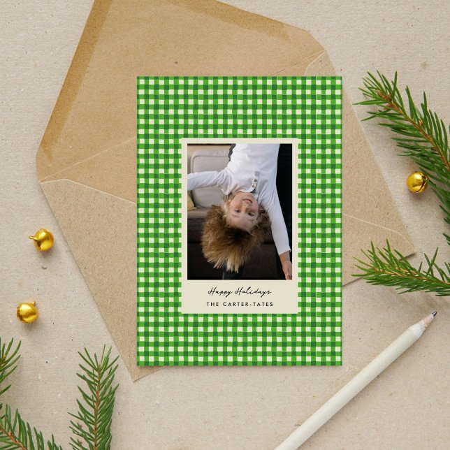 Foto med grönt som spelas upp med handritning och  julkort (Green Playful Hand-Drawn Checkered Photo Holiday Card)