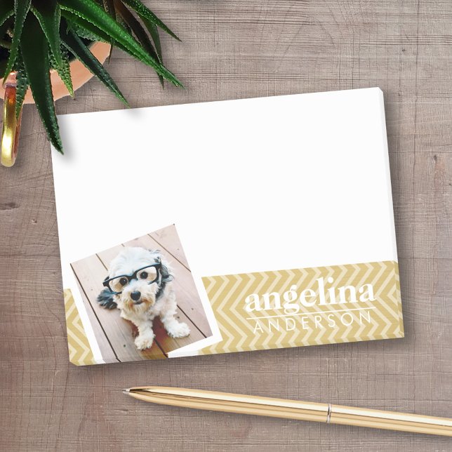 Foto med Guld Chevron Mönster och eget namn Post-it Block (Personalized post-it notes with an area to add your name or other text)
