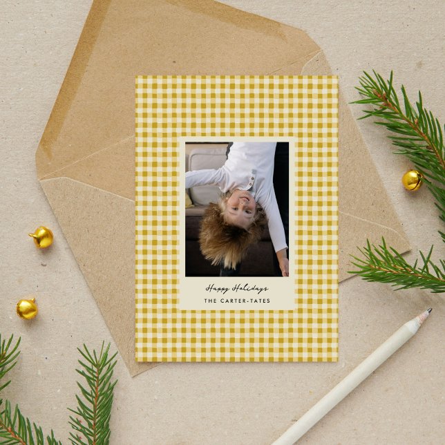 Foto med gyllene Gulter, handritat, styrt Julkort (Golden Yellow Playful Hand-Drawn Checkered Photo Holiday Card)