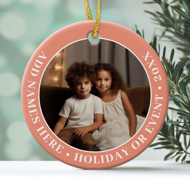 Foto med koral Gräns och Anpassningsbar Text - Min Julgransprydnad Keramik (Personalized Photo Ornament )