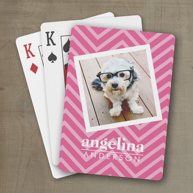 Foto med Shock rosa Chevron Mönster eget namn Kortlek (Personalized playing cards)