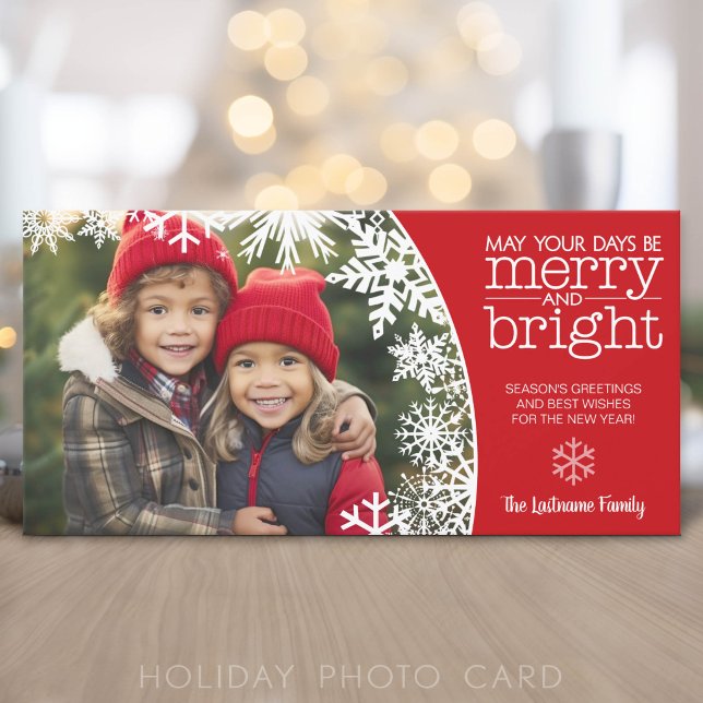 Foto med snöflingor - glad och ljus jul julkort (Add 1 photo to this classic photo card that can be printed or sent out to friends and family.)