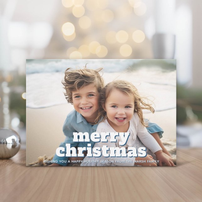 Foto med stor GOD JUL - marinblå Julkort (Modern and Minimal Christmas Greeting Card)