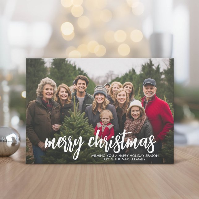 Foto med stor MERRY Christmas  - Röd Grön Plaid Julkort (Modern and Minimal Christmas Greeting Card)