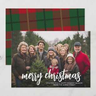 Foto med stor MERRY Christmas  - Röd Grön Plaid Julkort