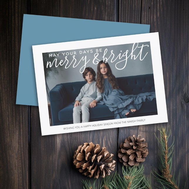 Foto med stor Merry och Bright - pastellblå Julkort (Rustic Modern Christmas Card with 1 Photo and Type Overlay - Print and Download Options)