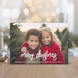 Foto med stor MERRY-text - julrutigt Julkort