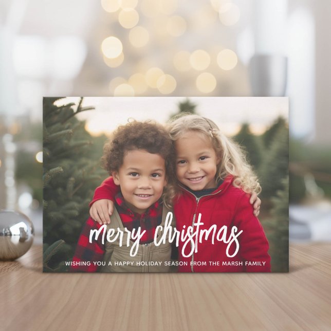Foto med stor MERRY-text - julrutigt Julkort (Modern and Minimal Christmas Greeting Card)