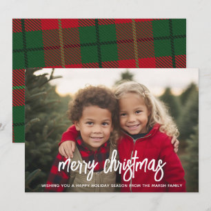 Foto med stor MERRY-text - julrutigt Julkort