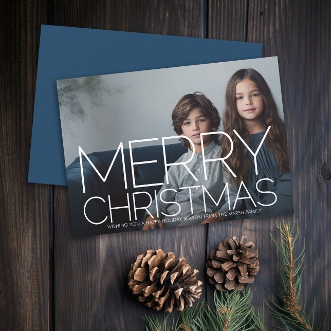 Foto med stort God Jul - marinblå Julkort (Rustic Modern Christmas Card with 1 Photo and Type Overlay - Print and Download Options)