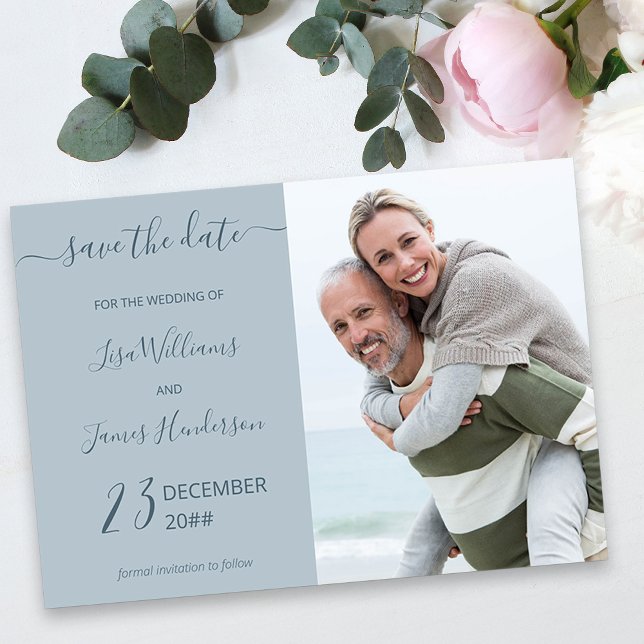 Foto med två tonars blå Anpassningsbar Spara datum Inbjudningar (Light Blue Wedding Save the Date with Photo)