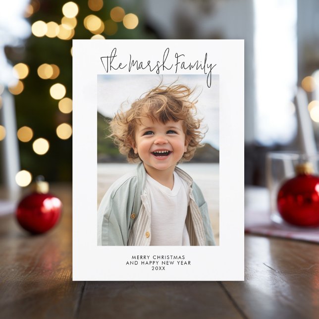 Foto med vit Gräns - enkelt God jul Julkort (Modern, minimal Christmas Greeting card with photo, white border and script text.)