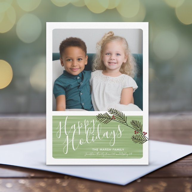Foto med Whimsical Grenar och Modern skrift Julkort (1 Photo Christmas Card with Whimsical Pine Branch Design - Print or Instant Download)