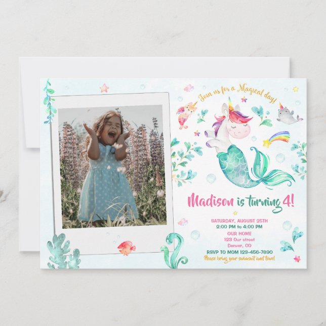 Foto mermicorn födelsedagsinbjudan Girl Magic Inbjudningar (Framsida)