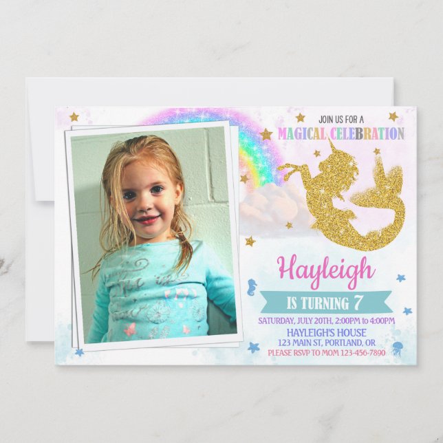 Foto Mermicorn-födelsedagsinbjudan Mericorn party Inbjudningar (Framsida)