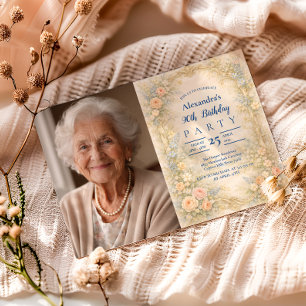 Foto Mjuk Pastell Barock Blommig 90-årsdag Inbjudningar