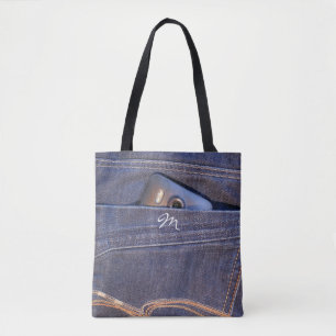 Foto Mobilare i blått demin jeans monogram Tygkasse