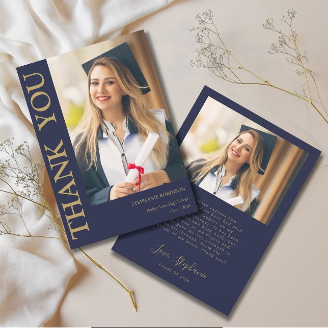 Foto Modern Blå Guld Examens Tacksamhet   Tack Kort (Skapare uppladdad)