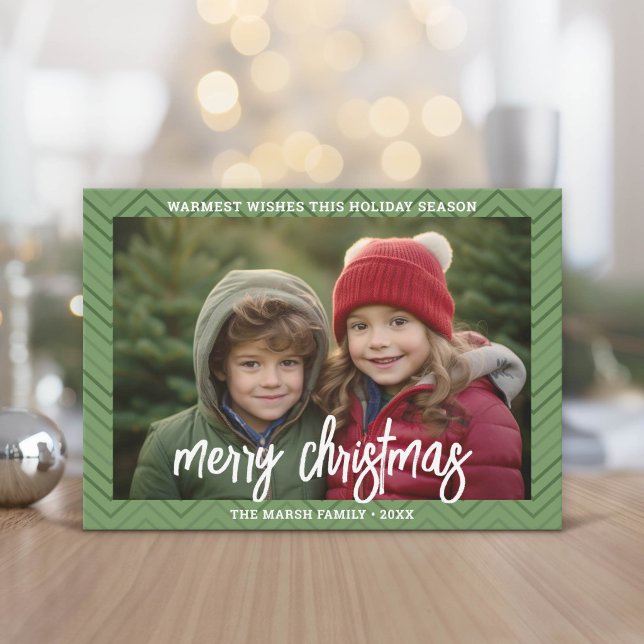 Foto Modern Grön Chevron Kant God Jul Julkort (Modern, minimal Holiday Greeting Card)