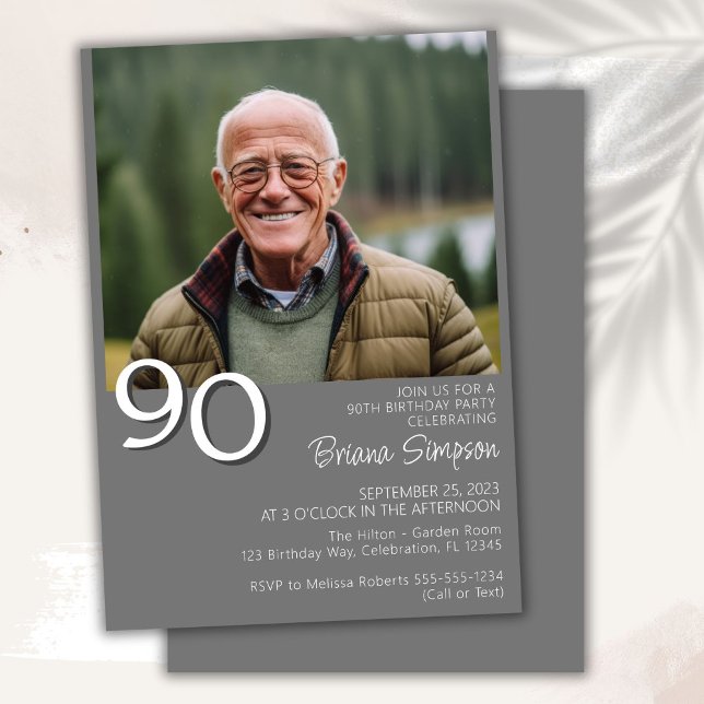 Foto Modern Minimalistisk Grå 90-årsdag Inbjudningar (Skapare uppladdad)