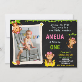 Foto Monkey-födelsedagsinbjudan Flicka 1:a födelse Inbjudningar
