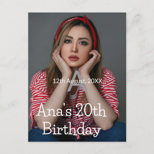 Foto monogram glad 20-årsdag grå vit  vykort (Framsida)