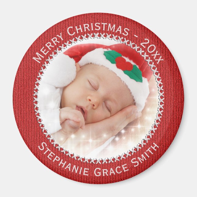 Foto & Namn: Årligt julfoto Ornament Red Magnet (Framsidan)