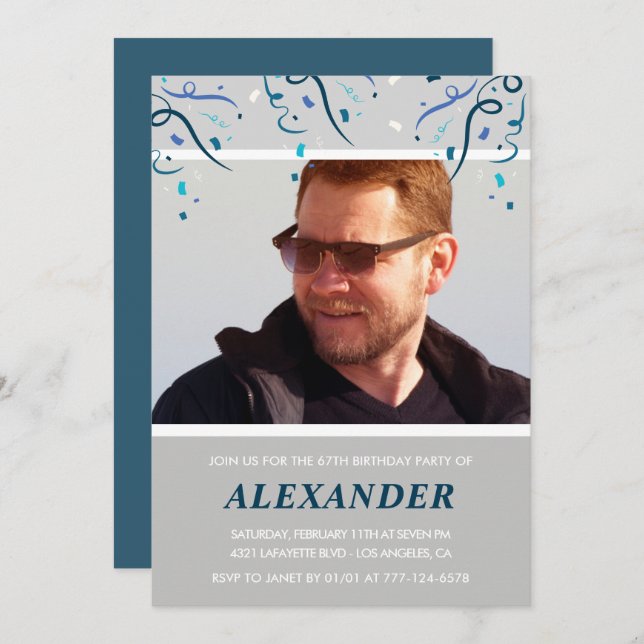 Foto Navy Blue Confetti för honom 67-årsdagen Inbjudningar (Fram/baksida)